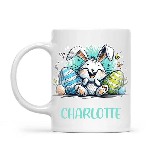 Personalised Easter Bunny Mug – Custom Name Cup for Kids – Happy Sketch Bunny with Colourful Eggs – Ceramic or Enamel – NZ Made