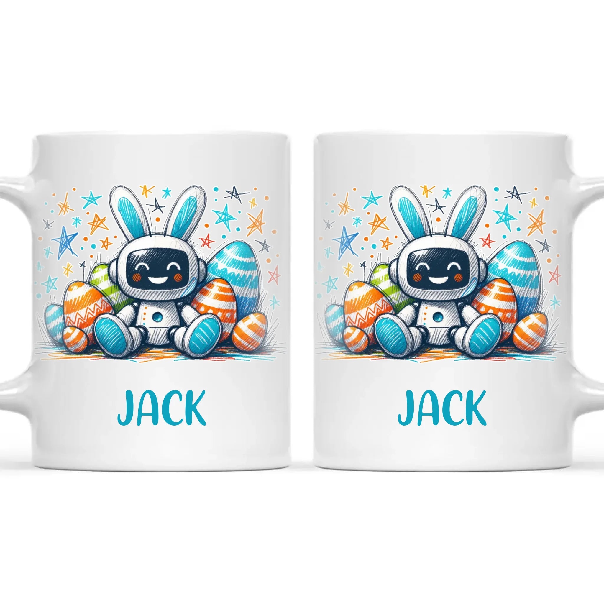 Personalised Easter Robot Bunny Mug – Custom Name Cup for Kids – Cute Sci-Fi Bunny with Eggs & Stars – Ceramic or Enamel – NZ Made