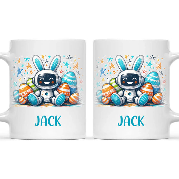 Personalised Easter Robot Bunny Mug – Custom Name Cup for Kids – Cute Sci-Fi Bunny with Eggs & Stars – Ceramic or Enamel – NZ Made