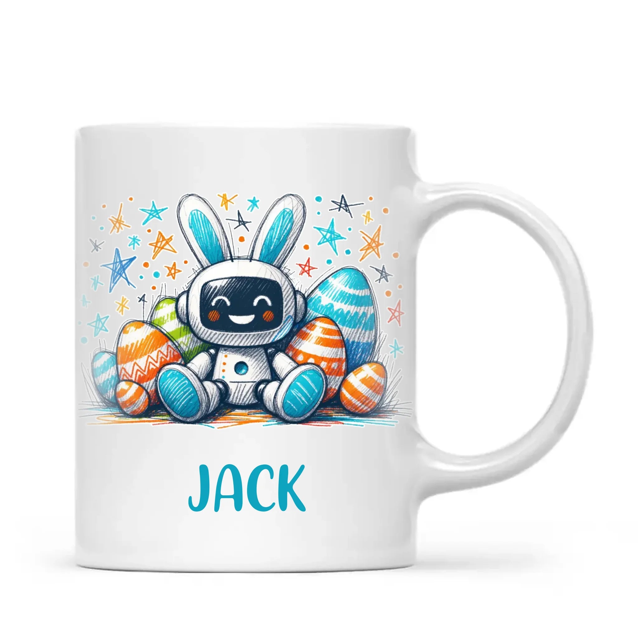 Personalised Easter Robot Bunny Mug – Custom Name Cup for Kids – Cute Sci-Fi Bunny with Eggs & Stars – Ceramic or Enamel – NZ Made