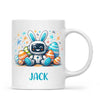 Personalised Easter Robot Bunny Mug – Custom Name Cup for Kids – Cute Sci-Fi Bunny with Eggs & Stars – Ceramic or Enamel – NZ Made