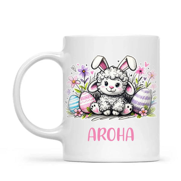 Personalised Easter Mug – Cute Lamb with Bunny Ears & Eggs – Custom Name Kids Cup – Ceramic or Enamel – NZ Made Gift