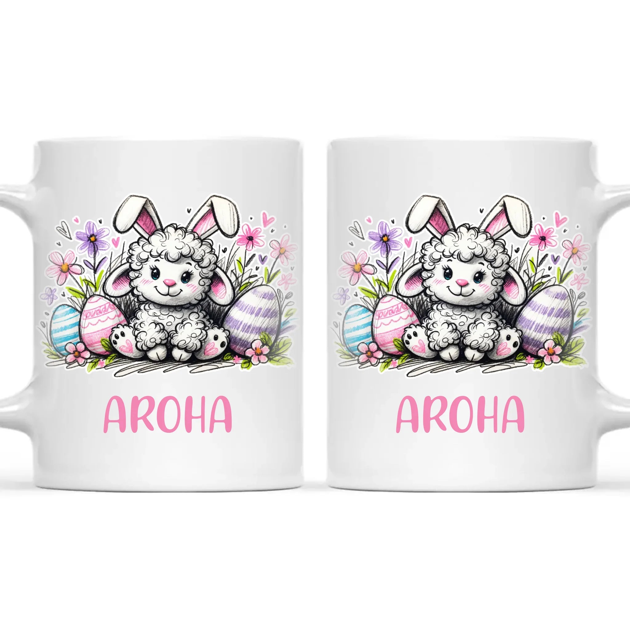 Personalised Easter Mug – Cute Lamb with Bunny Ears & Eggs – Custom Name Kids Cup – Ceramic or Enamel – NZ Made Gift