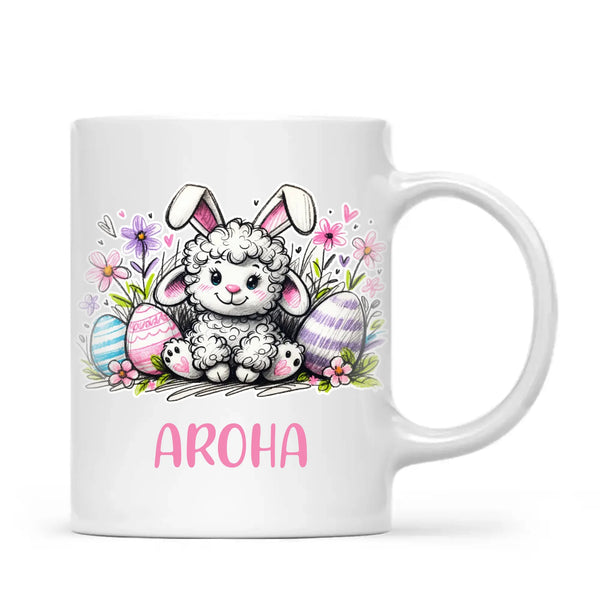 Personalised Easter Mug – Cute Lamb with Bunny Ears & Eggs – Custom Name Kids Cup – Ceramic or Enamel – NZ Made Gift
