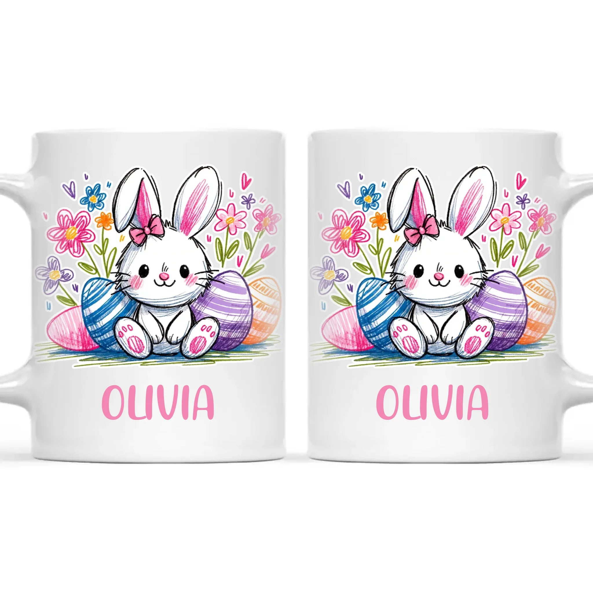 Personalised Easter Bunny Mug – Custom Name Kids Cup with Colourful Eggs & Flowers – Cute Girl Bunny Gift – Ceramic or Enamel – NZ Made