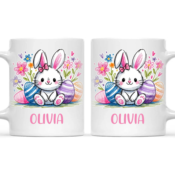 Personalised Easter Bunny Mug – Custom Name Kids Cup with Colourful Eggs & Flowers – Cute Girl Bunny Gift – Ceramic or Enamel – NZ Made