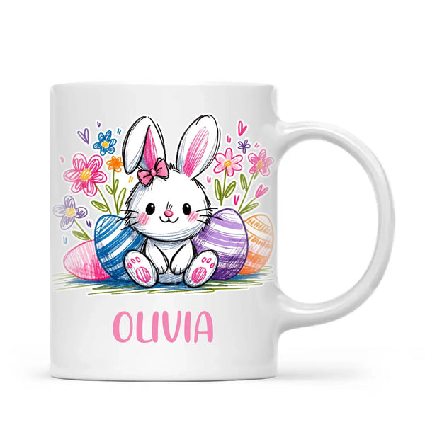 Personalised Easter Bunny Mug – Custom Name Kids Cup with Colourful Eggs & Flowers – Cute Girl Bunny Gift – Ceramic or Enamel – NZ Made