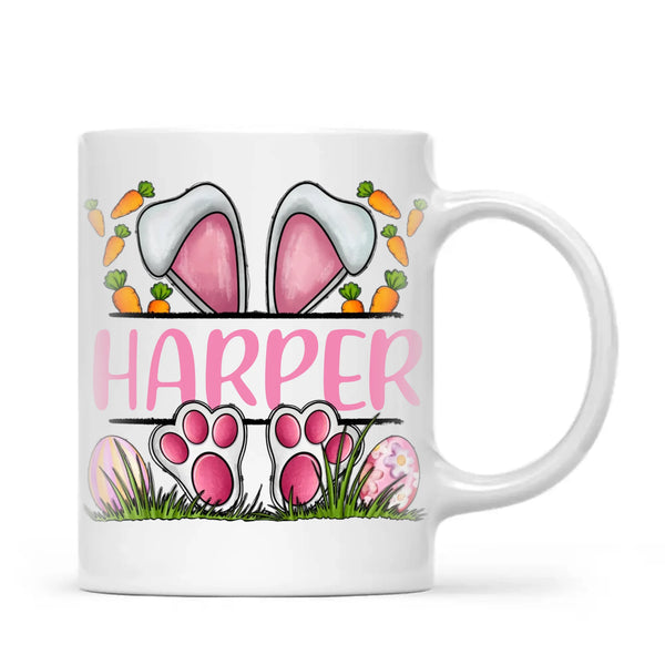 Personalised Easter Bunny Mug – Custom Name Kids Cup with Cute Pink Bunny Design, Carrots & Eggs – Enamel or Ceramic – NZ Made