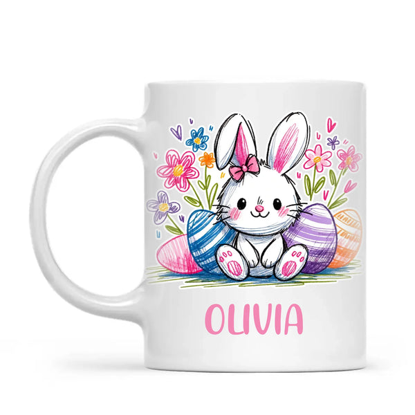 Personalised Easter Bunny Mug – Custom Name Kids Cup with Colourful Eggs & Flowers – Cute Girl Bunny Gift – Ceramic or Enamel – NZ Made