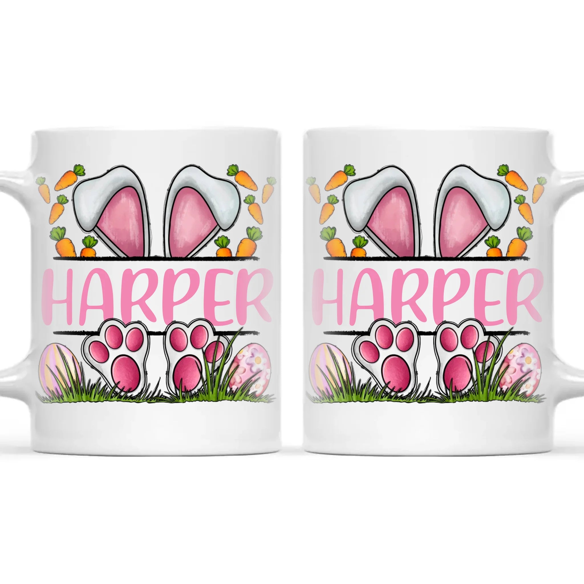 Personalised Easter Bunny Mug – Custom Name Kids Cup with Cute Pink Bunny Design, Carrots & Eggs – Enamel or Ceramic – NZ Made