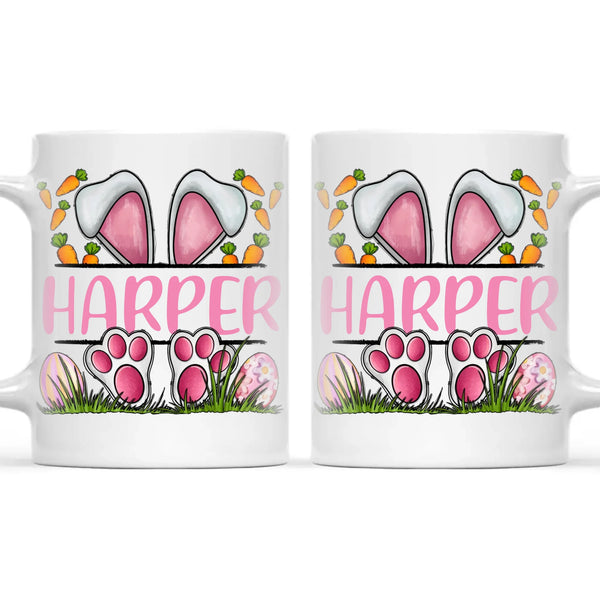 Personalised Easter Bunny Mug – Custom Name Kids Cup with Cute Pink Bunny Design, Carrots & Eggs – Enamel or Ceramic – NZ Made