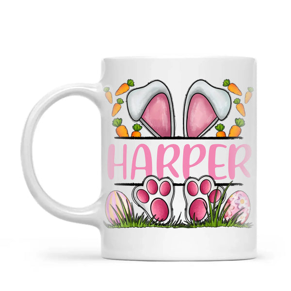 Personalised Easter Bunny Mug – Custom Name Kids Cup with Cute Pink Bunny Design, Carrots & Eggs – Enamel or Ceramic – NZ Made