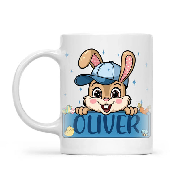 Personalised Bunny Mug for Boys – Custom Name Easter Gift – Cute Bunny with Blue Cap, Eggs & Carrots – Enamel or Ceramic Cup – NZ Made