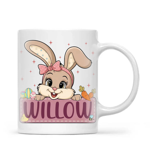 Adorable Personalised Bunny Mug for Kids – Custom Name Easter Gift – Cute Girl Bunny with Carrots & Eggs – Ceramic or Enamel Cup – NZ Made