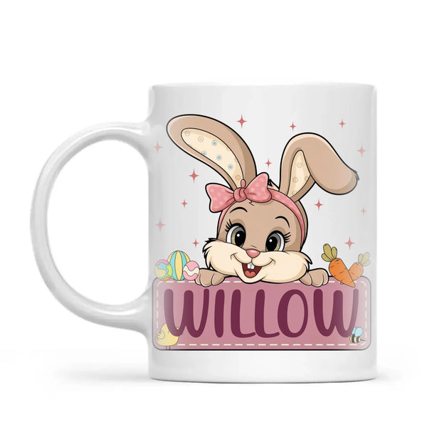 Adorable Personalised Bunny Mug for Kids – Custom Name Easter Gift – Cute Girl Bunny with Carrots & Eggs – Ceramic or Enamel Cup – NZ Made