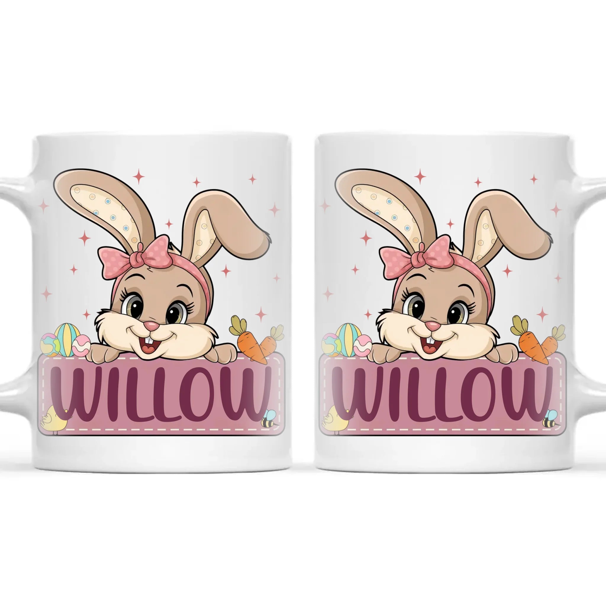 Adorable Personalised Bunny Mug for Kids – Custom Name Easter Gift – Cute Girl Bunny with Carrots & Eggs – Ceramic or Enamel Cup – NZ Made