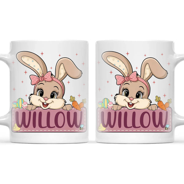 Adorable Personalised Bunny Mug for Kids – Custom Name Easter Gift – Cute Girl Bunny with Carrots & Eggs – Ceramic or Enamel Cup – NZ Made