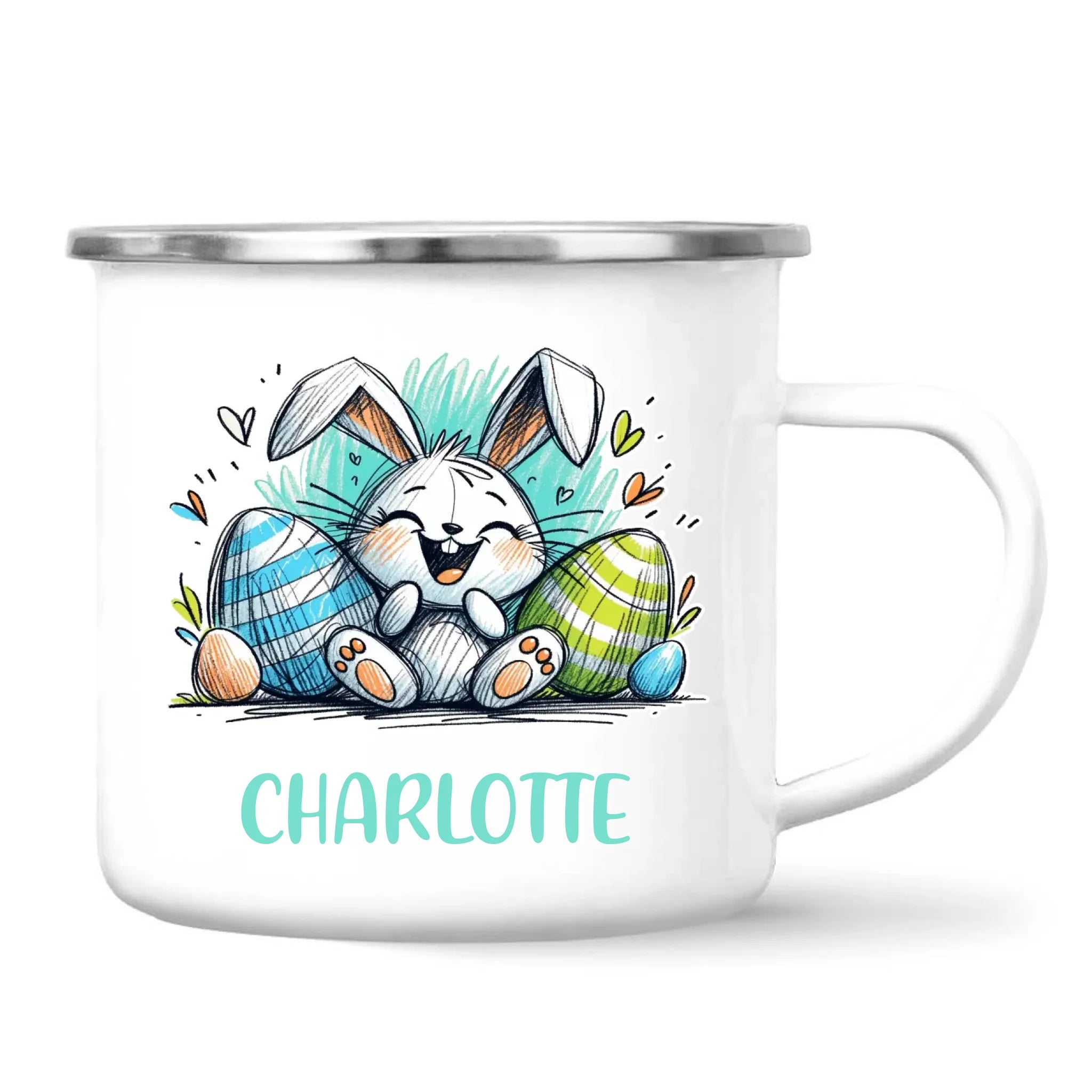 Personalised Easter Bunny Mug – Custom Name Cup for Kids – Happy Sketch Bunny with Colourful Eggs – Ceramic or Enamel – NZ Made