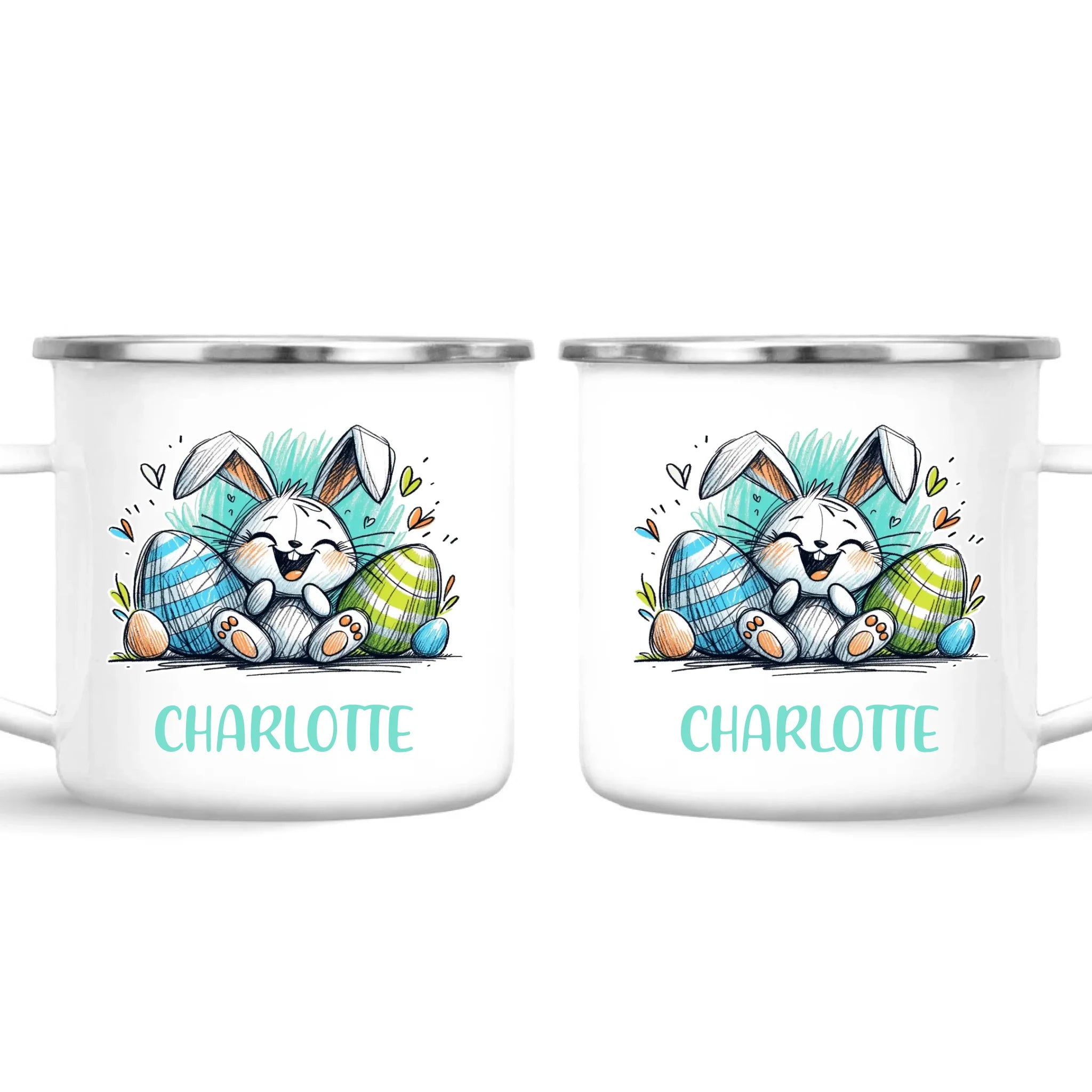 Personalised Easter Bunny Mug – Custom Name Cup for Kids – Happy Sketch Bunny with Colourful Eggs – Ceramic or Enamel – NZ Made