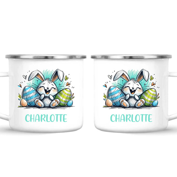 Personalised Easter Bunny Mug – Custom Name Cup for Kids – Happy Sketch Bunny with Colourful Eggs – Ceramic or Enamel – NZ Made