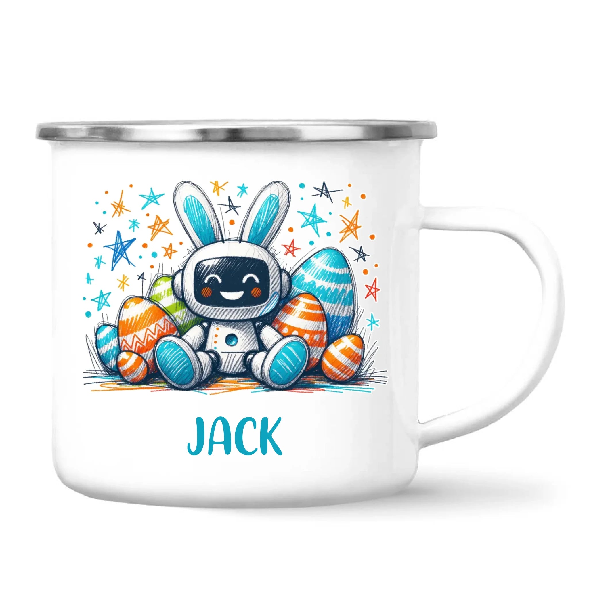 Personalised Easter Robot Bunny Mug – Custom Name Cup for Kids – Cute Sci-Fi Bunny with Eggs & Stars – Ceramic or Enamel – NZ Made