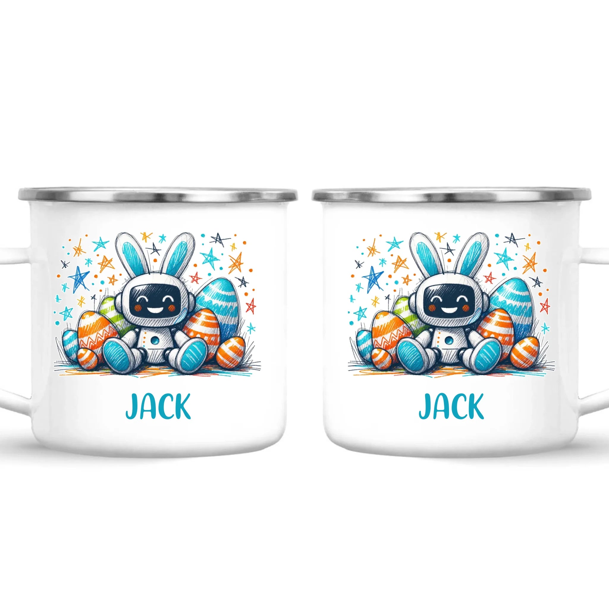 Personalised Easter Robot Bunny Mug – Custom Name Cup for Kids – Cute Sci-Fi Bunny with Eggs & Stars – Ceramic or Enamel – NZ Made