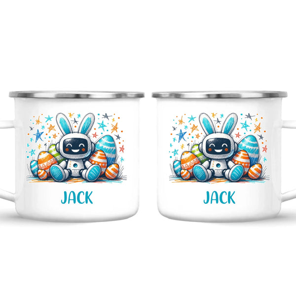 Personalised Easter Robot Bunny Mug – Custom Name Cup for Kids – Cute Sci-Fi Bunny with Eggs & Stars – Ceramic or Enamel – NZ Made