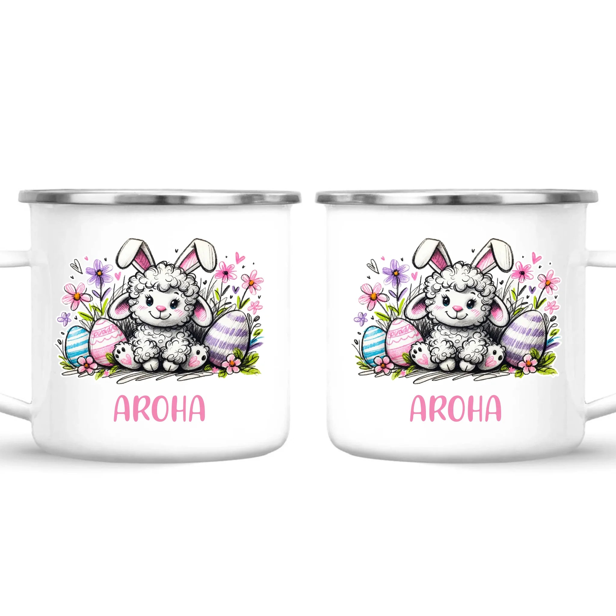 Personalised Easter Mug – Cute Lamb with Bunny Ears & Eggs – Custom Name Kids Cup – Ceramic or Enamel – NZ Made Gift