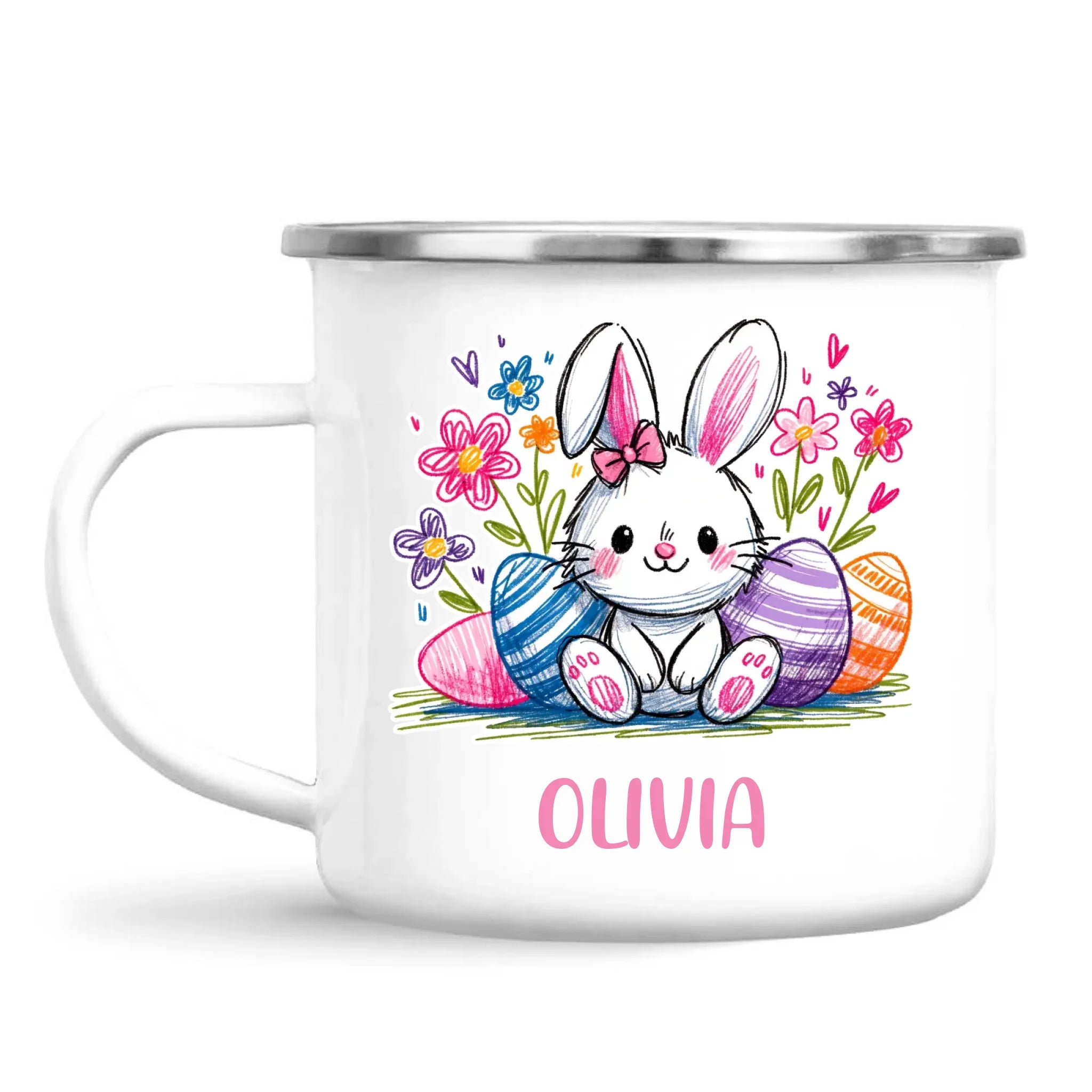 Personalised Easter Bunny Mug – Custom Name Kids Cup with Colourful Eggs & Flowers – Cute Girl Bunny Gift – Ceramic or Enamel – NZ Made