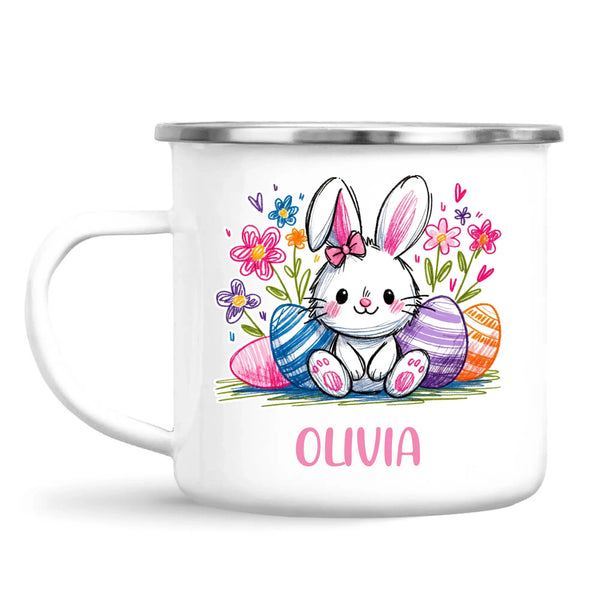 Personalised Easter Bunny Mug – Custom Name Kids Cup with Colourful Eggs & Flowers – Cute Girl Bunny Gift – Ceramic or Enamel – NZ Made