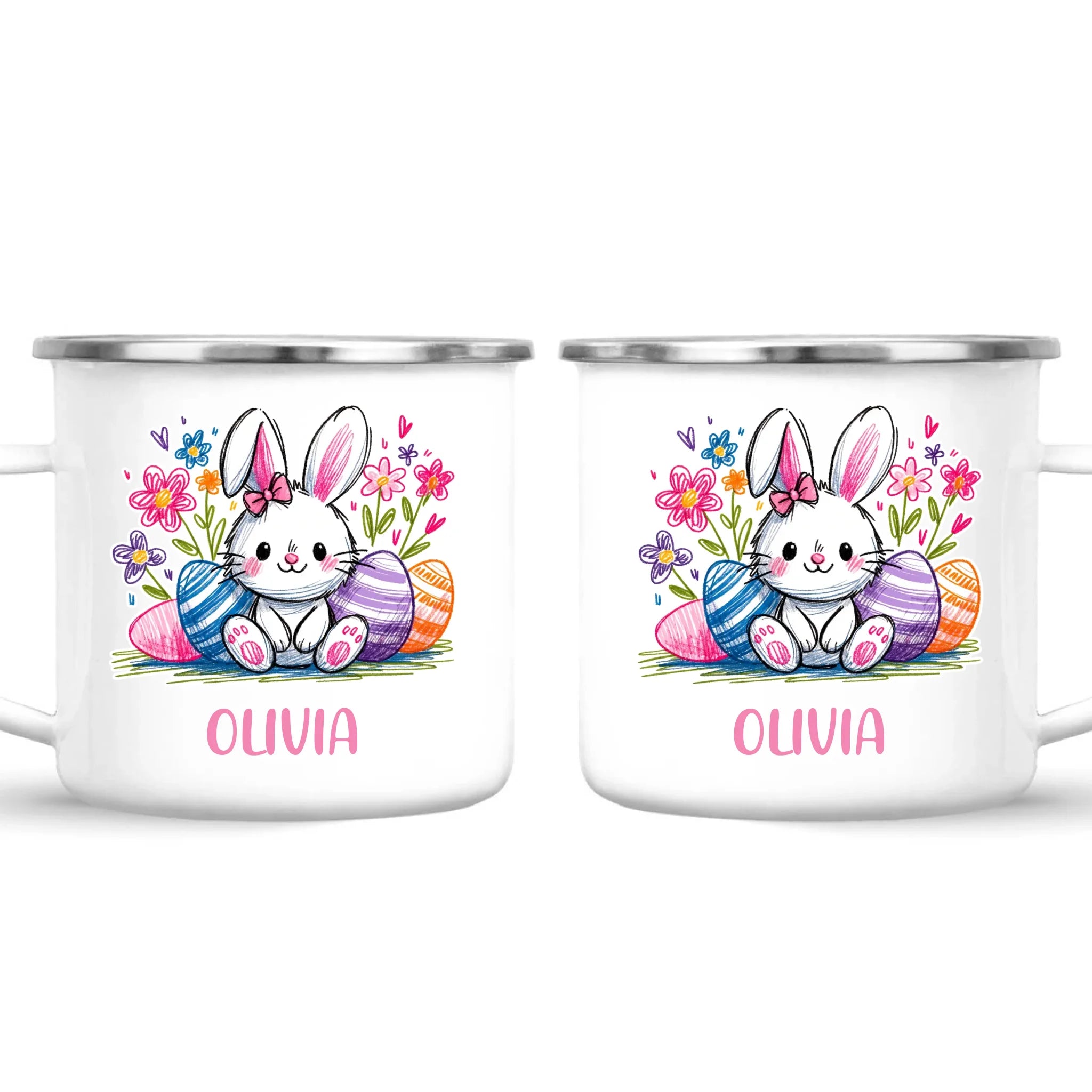 Personalised Easter Bunny Mug – Custom Name Kids Cup with Colourful Eggs & Flowers – Cute Girl Bunny Gift – Ceramic or Enamel – NZ Made