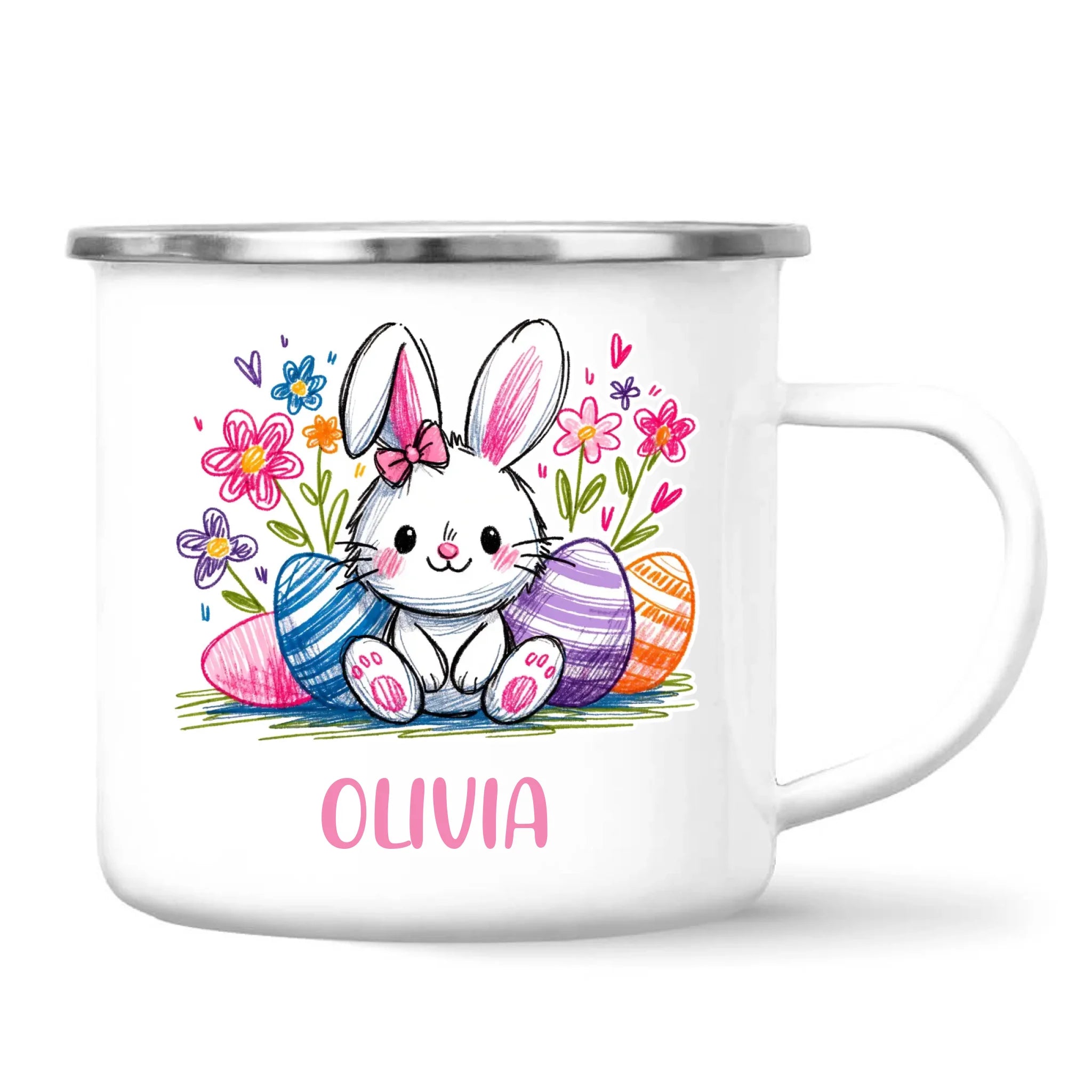 Personalised Easter Bunny Mug – Custom Name Kids Cup with Colourful Eggs & Flowers – Cute Girl Bunny Gift – Ceramic or Enamel – NZ Made