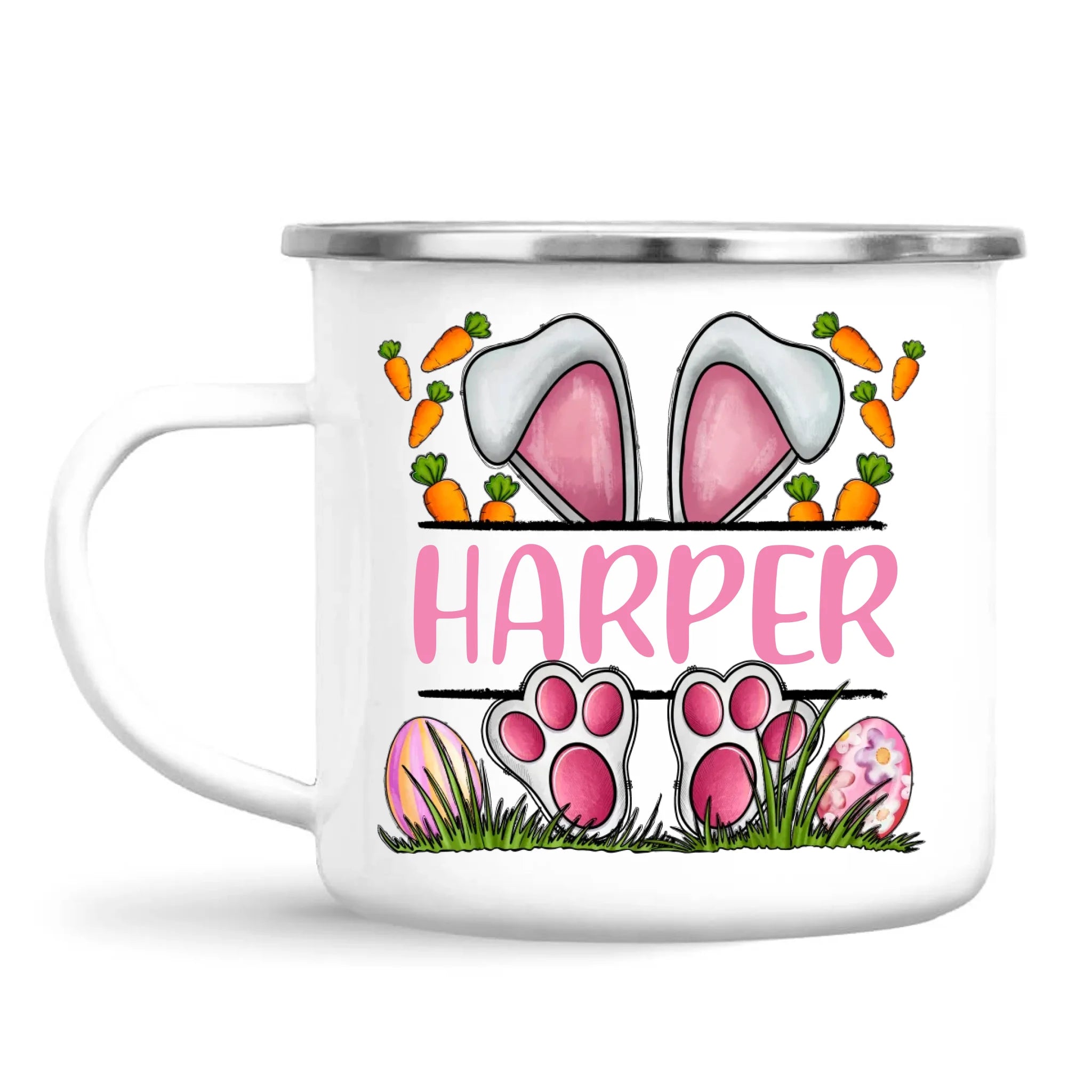 Personalised Easter Bunny Mug – Custom Name Kids Cup with Cute Pink Bunny Design, Carrots & Eggs – Enamel or Ceramic – NZ Made