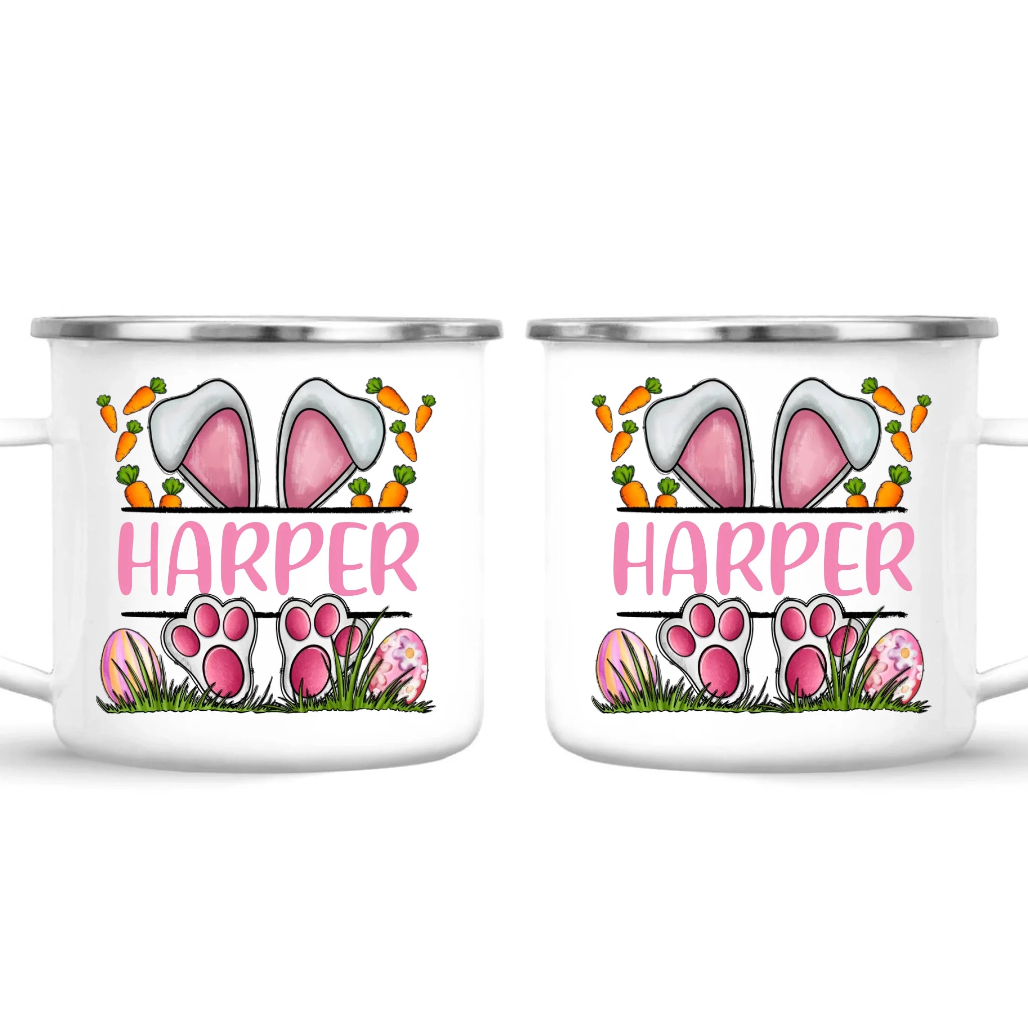 Personalised Easter Bunny Mug – Custom Name Kids Cup with Cute Pink Bunny Design, Carrots & Eggs – Enamel or Ceramic – NZ Made