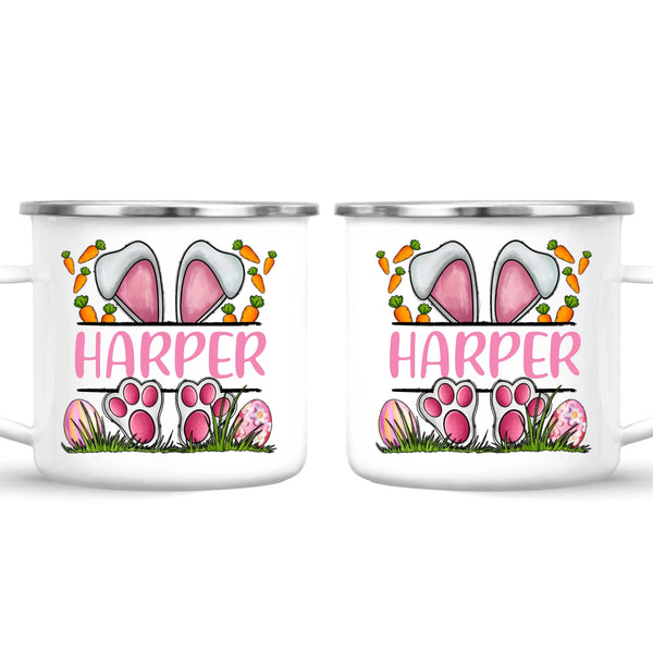 Personalised Easter Bunny Mug – Custom Name Kids Cup with Cute Pink Bunny Design, Carrots & Eggs – Enamel or Ceramic – NZ Made