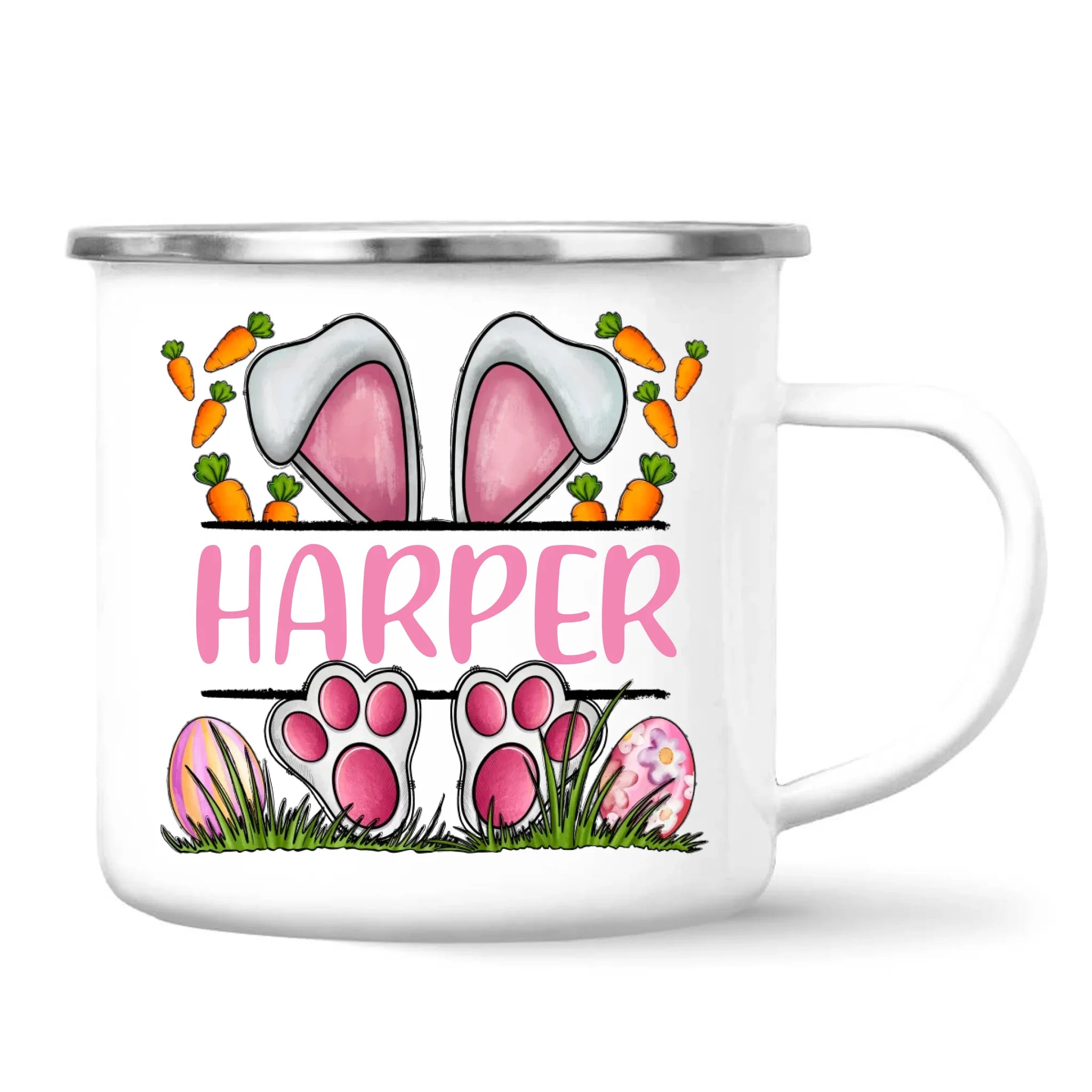 Personalised Easter Bunny Mug – Custom Name Kids Cup with Cute Pink Bunny Design, Carrots & Eggs – Enamel or Ceramic – NZ Made
