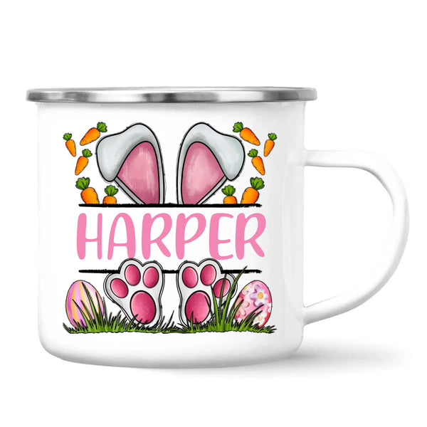 Personalised Easter Bunny Mug – Custom Name Kids Cup with Cute Pink Bunny Design, Carrots & Eggs – Enamel or Ceramic – NZ Made
