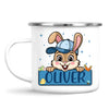 Personalised Bunny Mug for Boys – Custom Name Easter Gift – Cute Bunny with Blue Cap, Eggs & Carrots – Enamel or Ceramic Cup – NZ Made