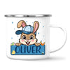 Personalised Bunny Mug for Boys – Custom Name Easter Gift – Cute Bunny with Blue Cap, Eggs & Carrots – Enamel or Ceramic Cup – NZ Made