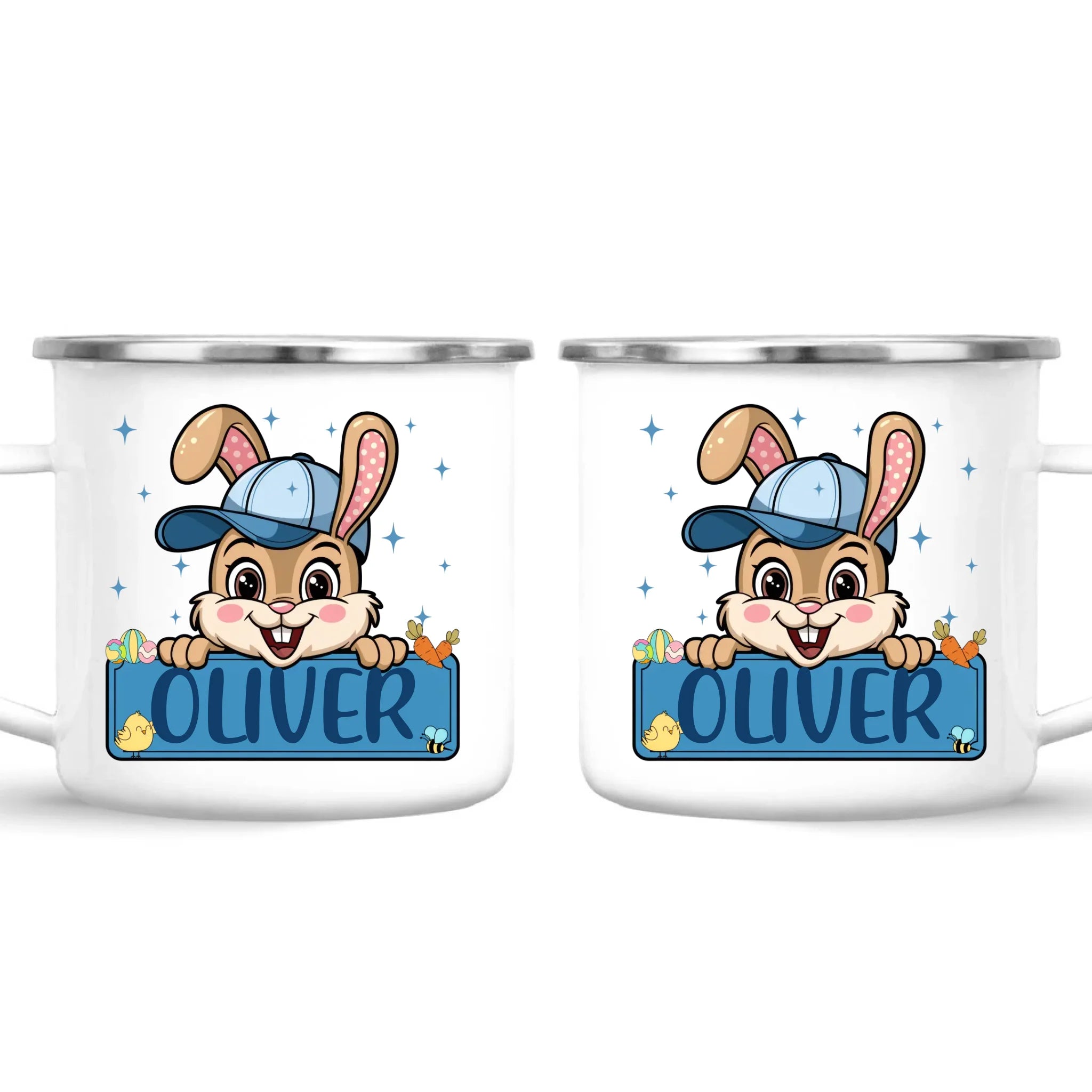 Personalised Bunny Mug for Boys – Custom Name Easter Gift – Cute Bunny with Blue Cap, Eggs & Carrots – Enamel or Ceramic Cup – NZ Made