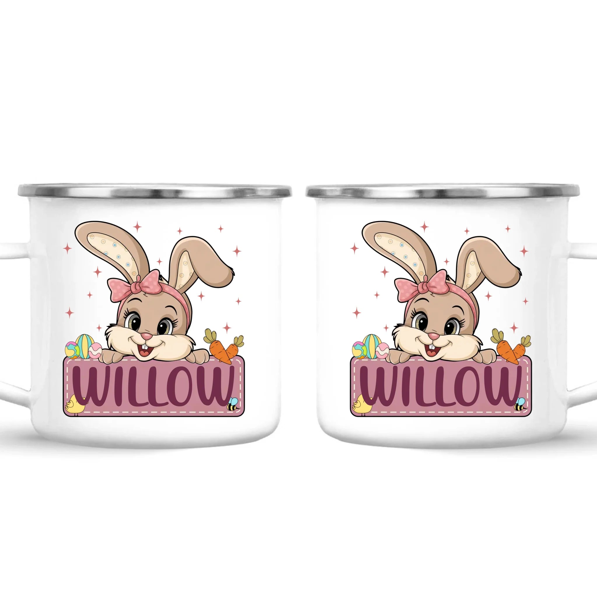 Adorable Personalised Bunny Mug for Kids – Custom Name Easter Gift – Cute Girl Bunny with Carrots & Eggs – Ceramic or Enamel Cup – NZ Made