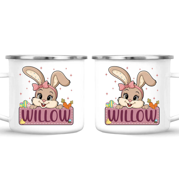 Adorable Personalised Bunny Mug for Kids – Custom Name Easter Gift – Cute Girl Bunny with Carrots & Eggs – Ceramic or Enamel Cup – NZ Made