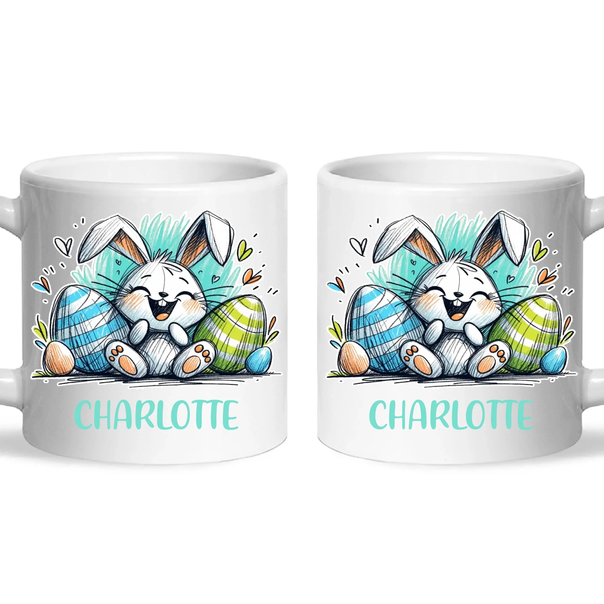 Personalised Easter Bunny Mug – Custom Name Cup for Kids – Happy Sketch Bunny with Colourful Eggs – Ceramic or Enamel – NZ Made