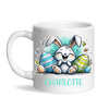 Personalised Easter Bunny Mug – Custom Name Cup for Kids – Happy Sketch Bunny with Colourful Eggs – Ceramic or Enamel – NZ Made