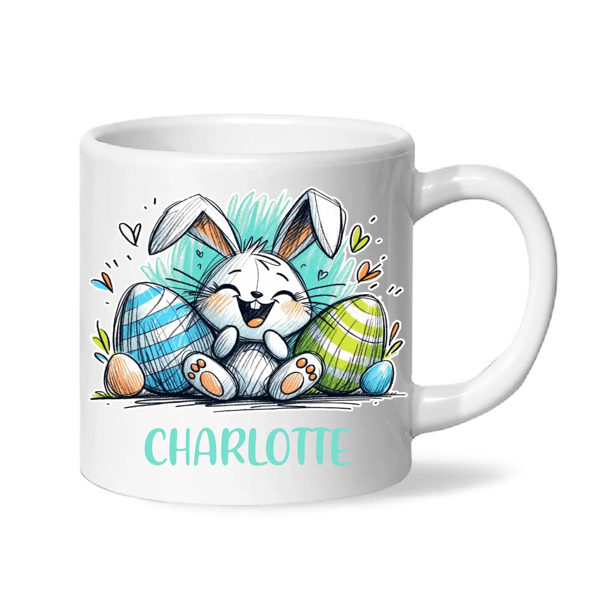 Personalised Easter Bunny Mug – Custom Name Cup for Kids – Happy Sketch Bunny with Colourful Eggs – Ceramic or Enamel – NZ Made