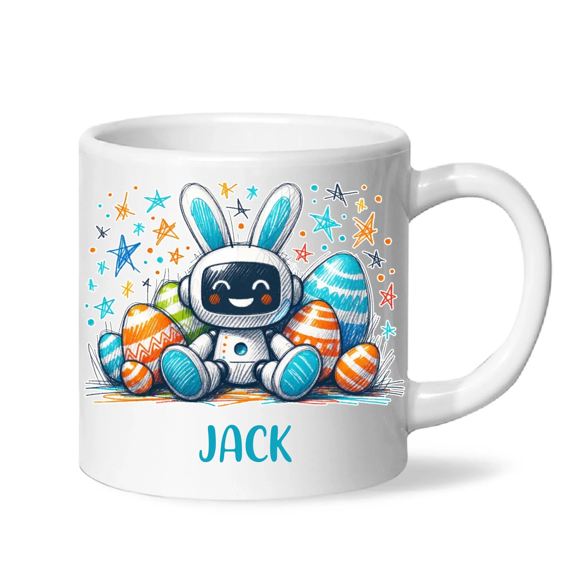 Personalised Easter Robot Bunny Mug – Custom Name Cup for Kids – Cute Sci-Fi Bunny with Eggs & Stars – Ceramic or Enamel – NZ Made