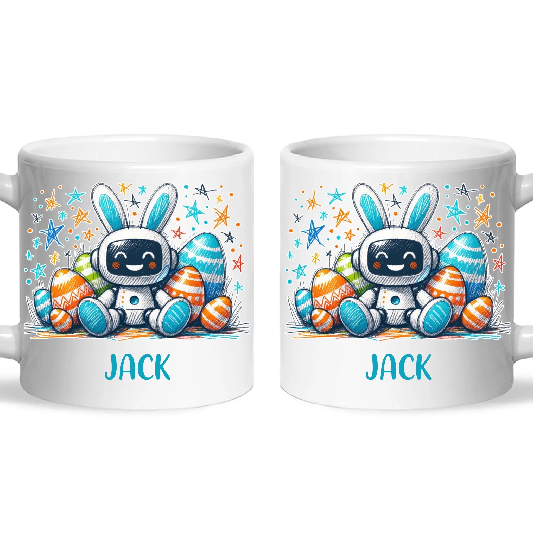 Personalised Easter Robot Bunny Mug – Custom Name Cup for Kids – Cute Sci-Fi Bunny with Eggs & Stars – Ceramic or Enamel – NZ Made