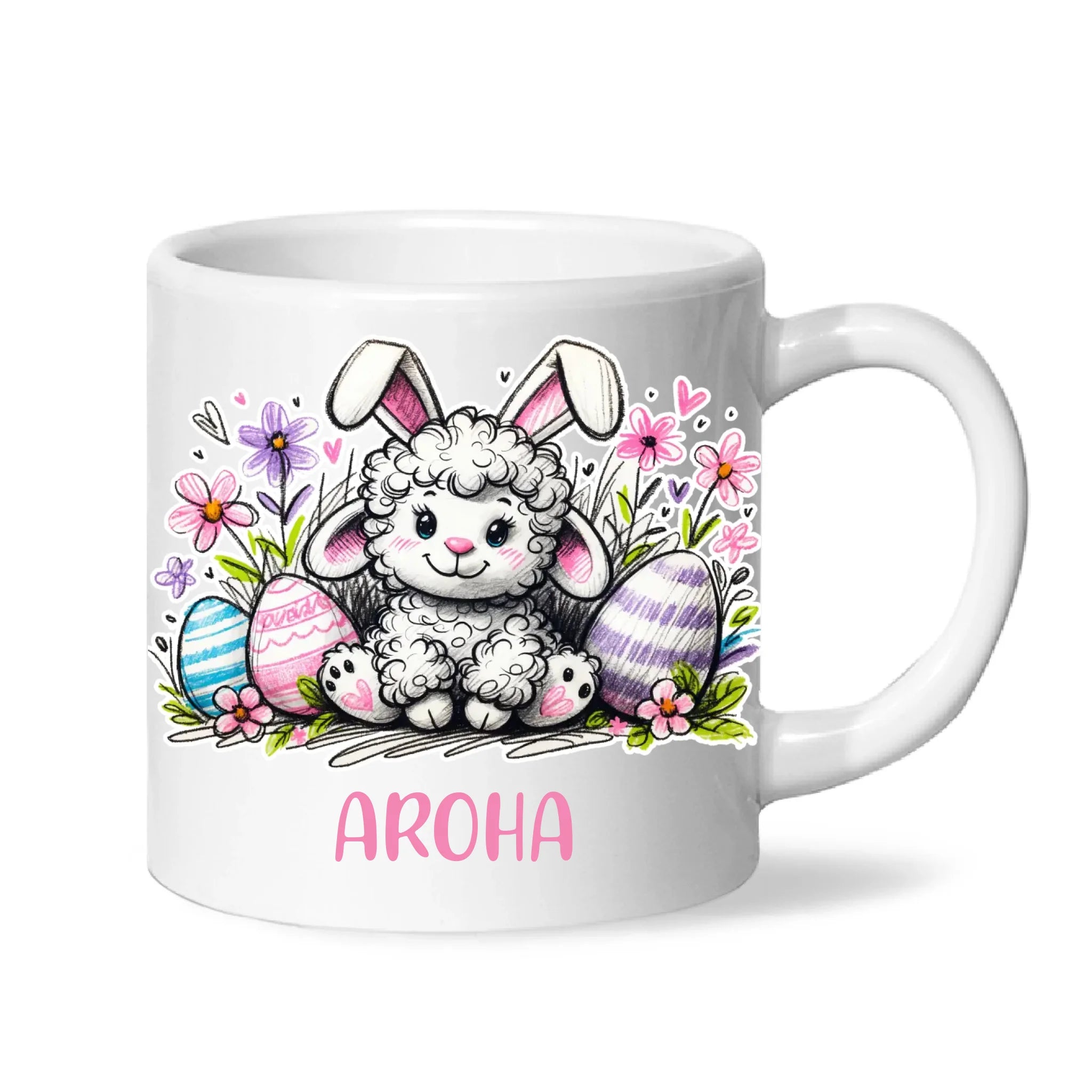 Personalised Easter Mug – Cute Lamb with Bunny Ears & Eggs – Custom Name Kids Cup – Ceramic or Enamel – NZ Made Gift