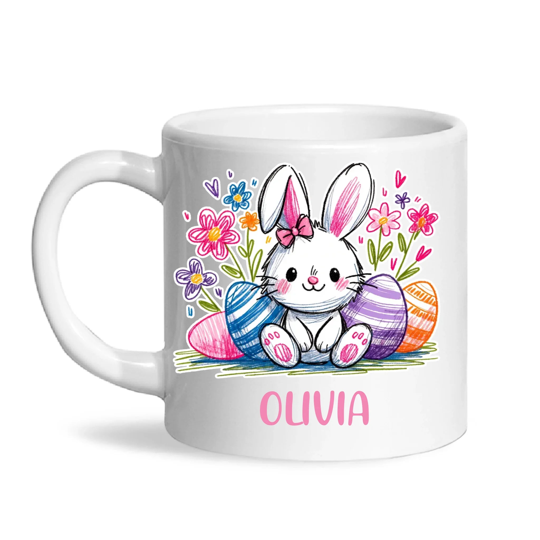 Personalised Easter Bunny Mug – Custom Name Kids Cup with Colourful Eggs & Flowers – Cute Girl Bunny Gift – Ceramic or Enamel – NZ Made