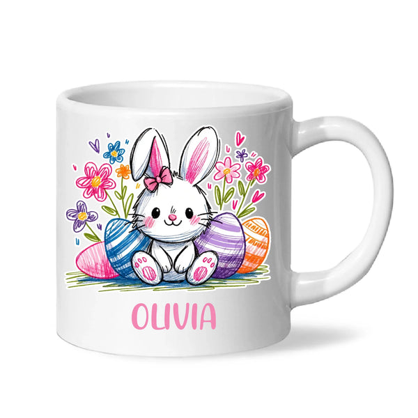 Personalised Easter Bunny Mug – Custom Name Kids Cup with Colourful Eggs & Flowers – Cute Girl Bunny Gift – Ceramic or Enamel – NZ Made